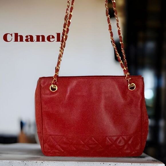 CHANEL RED QUILTED LAMBSKIN LEATHER CHAIN SHOULDER TOTE BAG 1F7896 - Picture 5 of 12
